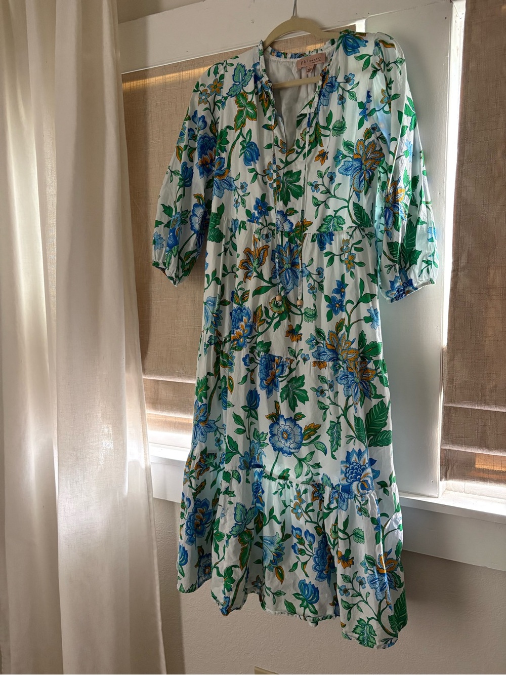 White Floral Tiered Midi Dress with Blue & Green Flowers